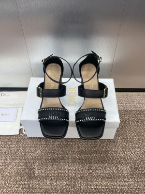 Dior Dway Heeled Sandals 7.5cm in Black Calfskin and Embroidered Cotton 2025