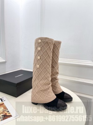 Chanel Knitted, Suede & Calfskin Leather Heel High Boots Beige 2025