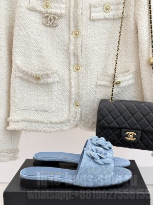 Chanel Quilted Denim Flat Slides Sandal with Camellia Light Blue 2025