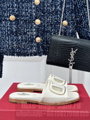 Valentino Garavani VLogo cut-out slide sandal in calfskin leather White