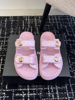 Chanel Tweed Velcro Dad Slide Sandals Denim Multicolor 2025