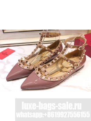 Valentino Rockstud Caged Ankle Strap Ballet Flats Ballerinas in Patent Leather Dusty Pink