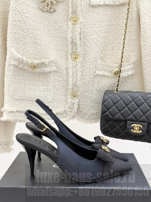 Chanel Camellia Bowknot Silk Slingback Sandals blue 2025 