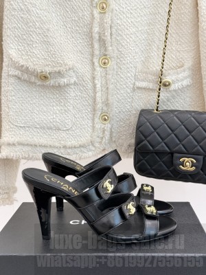 Chanel Lambskin Heel Sandals 8cm with CC Straps Black 2025 