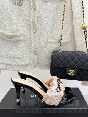 Chanel Beige Fabric Trim Bow Slide Sandals heel 8cm 2025 pink
