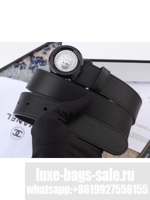 Chanel Width 3cm Button Round Buckle Leather Belt Black