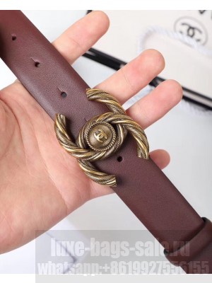 Chanel Width 3cm Braided CC Logo Buckle Leather Belt Burgundy