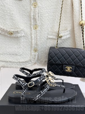 Chanel Tweed Camellia CC Pearl Flip Flops Sandal Black 2025