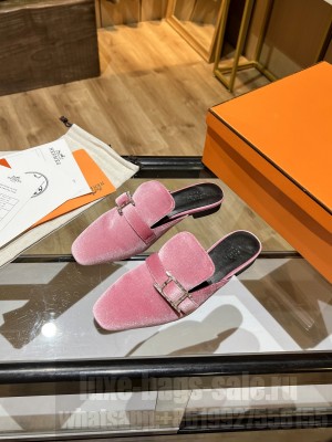 Hermes Velvet Buckle Flat Slide Sandals Pink 2022 Collection