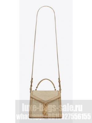 SAINT LAURENT CASSANDRA MINI TOP HANDLE BAG IN CANVAS AND BOX SAINT LAURENT LEATHER 623930 BEIGE ET SEA SALT