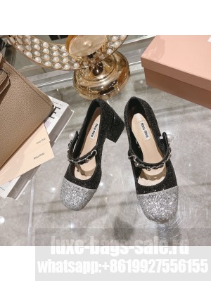 Miu Miu Glitter 7cm Pumps with metal chain and artificial pearl embellishment Silver/Black