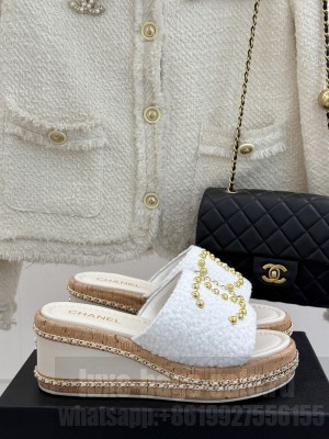 Chanel Gold Pearl CC Logo Mules Tweed white heel 7cm 2025