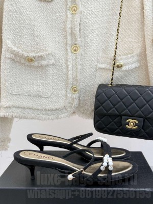 Chanel Vintage Canvas Heel Sandals 3.5cm with Pearls Black 2025