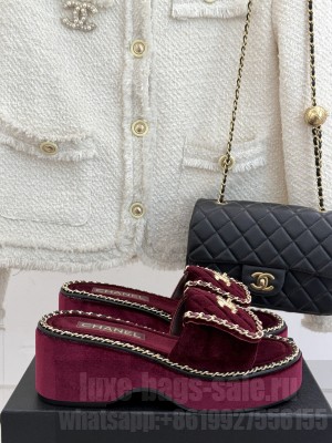 Chanel platform CC Turn Lock with chain slippers burgundy velvet 2025