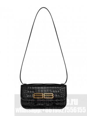 Balenciaga Gossip Small Double-Flexible Crocodile Embossed Calfskin Handbag Black