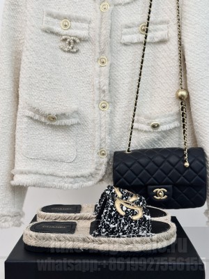 Chanel Tweed Espadrilles Slide Mules Black