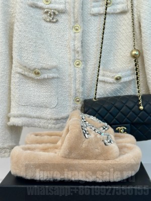 Chanel Wool Platform Rhinestone CC Logo Slide Mules 2024 Brown
