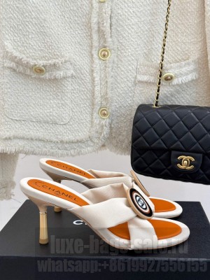 Chanel White/Orange 7.5cm Fabric CC Slide Sandals