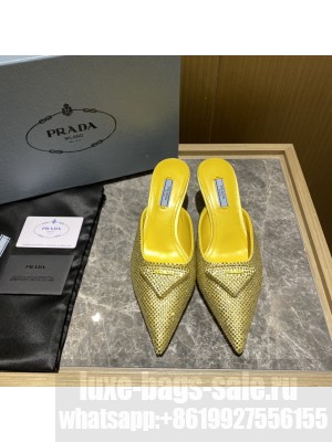 Prada Women's 5.5cm Satin Mule Sandals With Crystals 2022 Collection,Yellow
