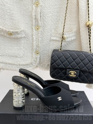 Chanel Embossed Leather Heel Sandals 8.5cm imitation pearls, strass & metal black Mule 2025