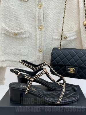 Chanel Lambskin Sandals 5cm with Chain and Heart G46109 Black