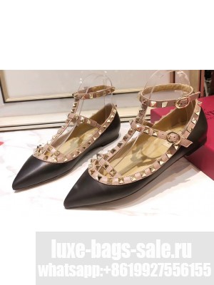 Valentino Rockstud Caged Ankle Strap Ballet Flats Ballerinas in Leather Black