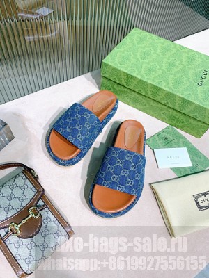 Gucci Women's Original GG Platform Slide Sandal 573018 Denim 2021 Collection 