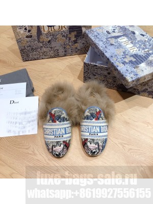 DIOR OFF MULE Multicolor Embroidered Cotton Fur Flat Slippers 01
