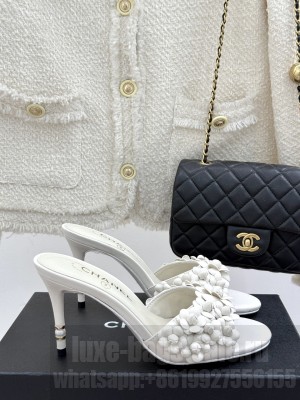 Chanel Lambskin Heel Slides Sandal 8cm with Camellia Bloom White 2025