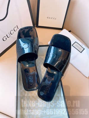 GUCCI HEEL 5.5CM PLATFORM 2.5CM EMBOSSED LOGO RUBBER SLIDE SANDALS BLACK