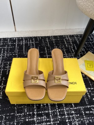 Fendi FFold medium-heeled slide sandals 6cm in Calfskin Brown