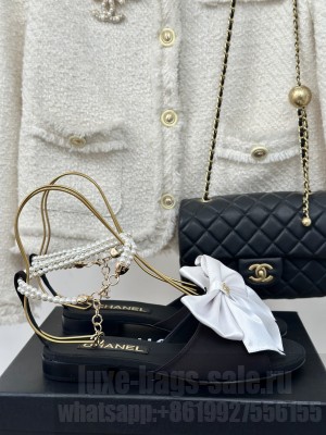 Chanel Silk Flat Sandals with Maxi Bow and Pearls Balck/White 2024 G45813