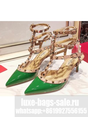 Valentino Heel 9.5cm Rockstud Caged Ankle Strap Pumps in Patent Leather Green