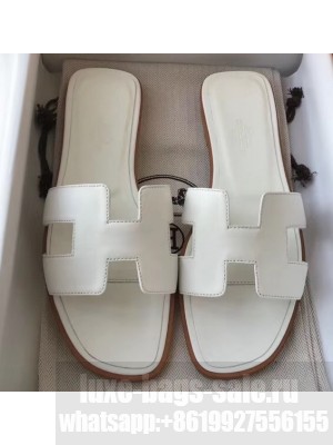 Hermes Oran Flat Slipper Sandals in Swift Box Calfskin White 02