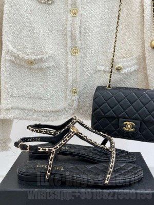 Chanel Lambskin with Chain and Heart G46109 Flaat Sandals Black