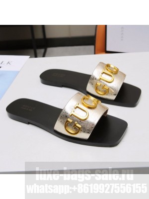 Gucci Gold Signature Calfskin Slide Sandals Gold 2021 (For Women and Men) Collection