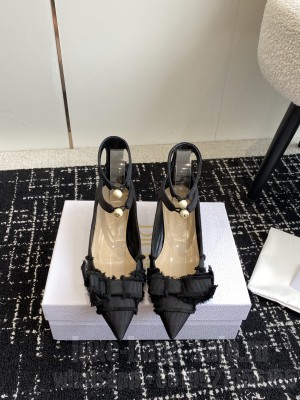 Dior Adiorable Black Calfskin and Fringed Grosgrain With Ankle Strap Pumps