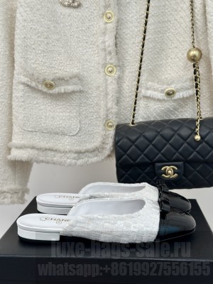 Chanel Women's Velvet & Patent Leather Slide Flat White