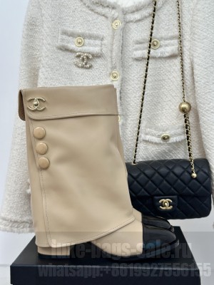 Chanel Women's Lambskin & Patent Calfskin with Buttons Beige Boots 2024 
