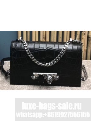 Alexander Mcqueen Jewelled Satchel Bag Embossed Croc Black/Silver