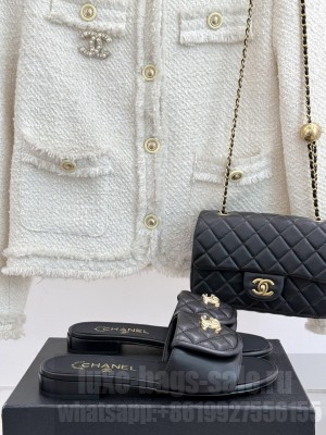 Chanel Quilted Lambskin Heel Slides Sandal 5cm with Foldover Black 2025 