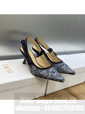 Dior J'Adior Slingback Pumps 6.5cm in Embroidered Cotton Navy