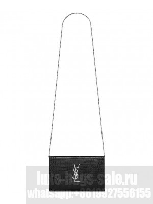 Saint Laurent Uptown Chain Wallet In Crocodile-Embossed Shiny Leather Black