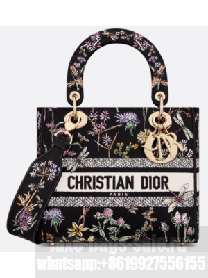 Medium Lady D-Lite Bag Black Multicolor Dior Herbarium Embroidery M0565OE