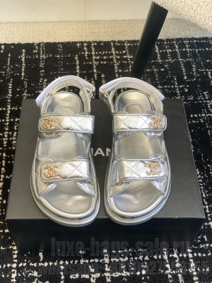 Chanel Grained Calfskin Velcro Dad Sandals Sliver 2025