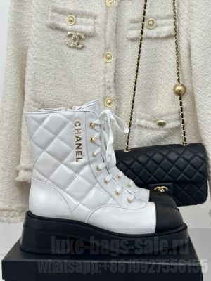 Chanel Women's 5cm Quilted Calfskin Lace-up Boots White