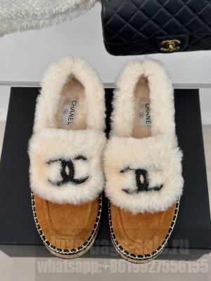 Chanel Suede & Wool Fur Wood Loafer Brown 2024
