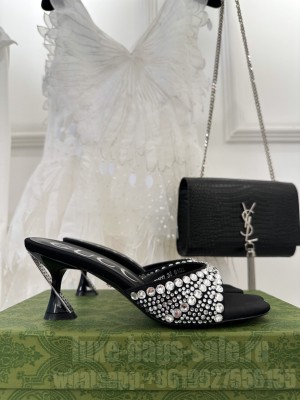 GUCCI WOMEN'S 6.5CM SLIDE SANDALS WITH CRYSTALS BLACK