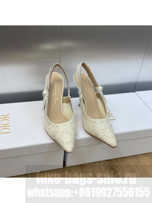 Dior J'Adior Slingback 9.5cm Pump in White Canvas Embroidered with Saint-Gall Motif 2023