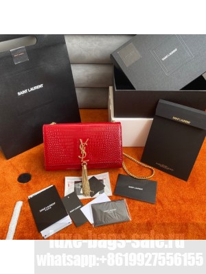 Yves Saint Laurent KATE CHAIN WALLET WITH TASSEL IN CROCODILE-EMBOSSED SHINY LEATHER 452159 red